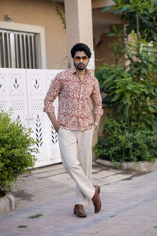 Block Printed Cotton Mens Full Sleeves Shirt