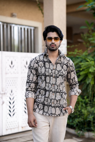 Block Printed Cotton Mens Full Sleeves Shirt