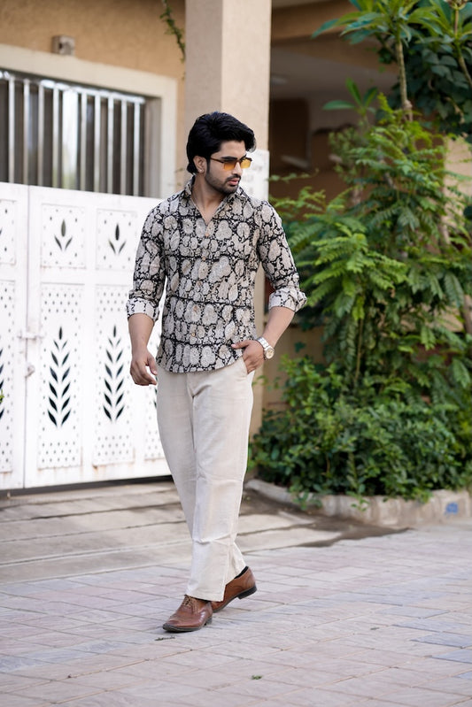 Block Printed Cotton Mens Full Sleeves Shirt