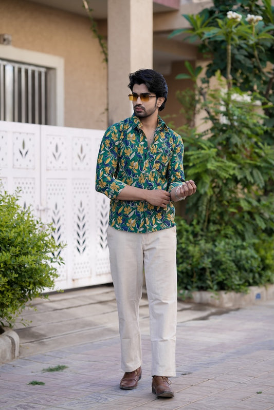 Block Printed Cotton Mens Full Sleeves Shirt