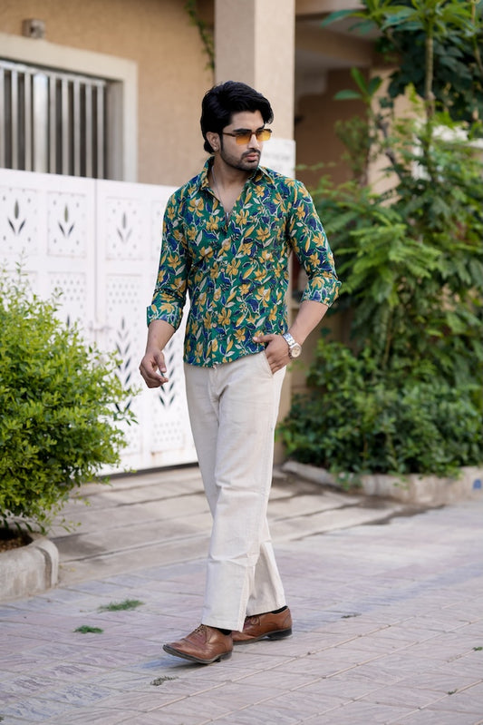 Block Printed Cotton Mens Full Sleeves Shirt