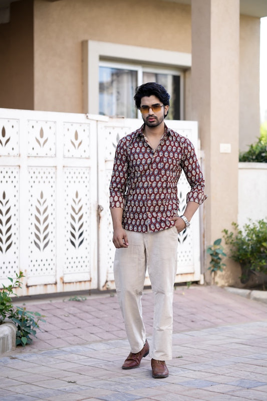 Block Printed Cotton Men Full Sleeves Shirt - Kalamkari