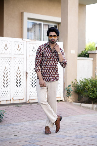 Block Printed Cotton Men Full Sleeves Shirt - Kalamkari