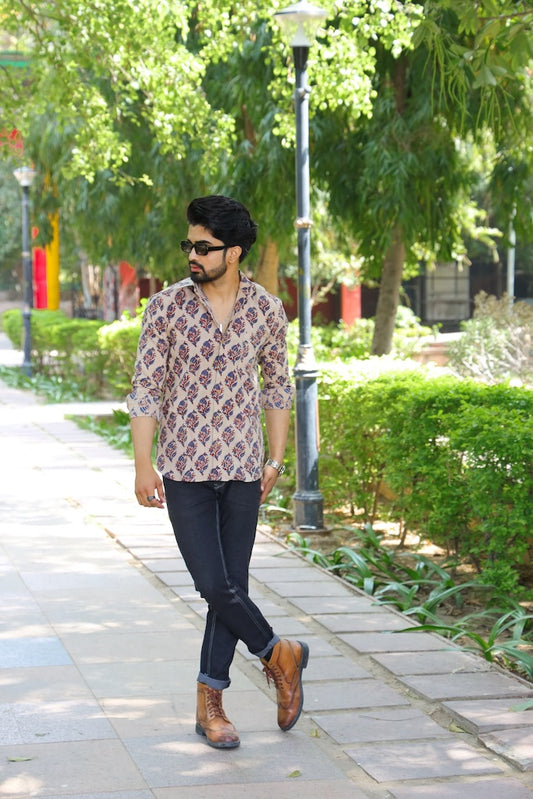Bagru Block Printed Cotton Mens Full Sleeves Shirt