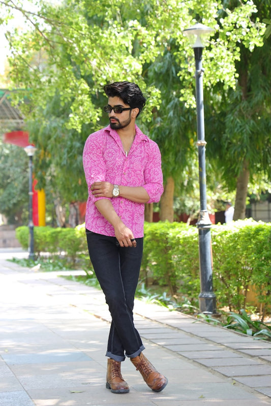 Block Printed Cotton Men Full Sleeves Shirt