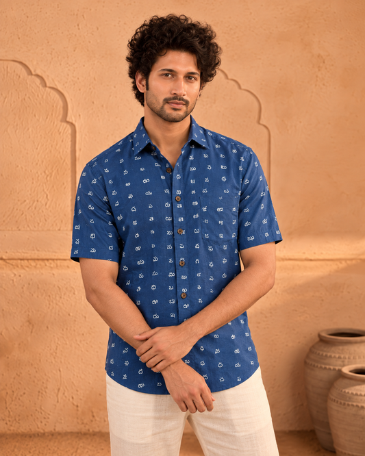 Classic Telugu Alphabets Block Print Cotton Men's Shirt Half