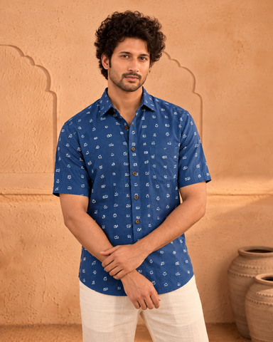 Classic Telugu Alphabets Block Print Cotton Men's Shirt Half
