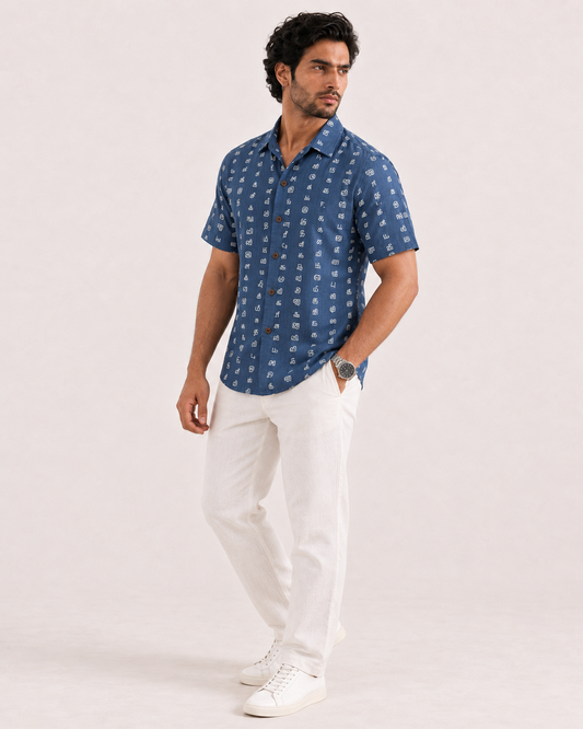 தமிழ் எழுத்து  Classic Tamil Half Sleeves Cotton Mens Shirt - Blue