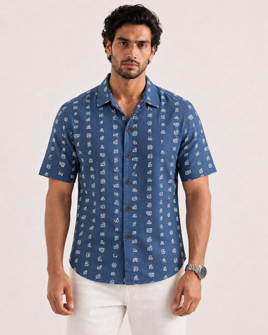தமிழ் எழுத்து  Classic Tamil Half Sleeves Cotton Mens Shirt - Blue