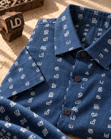 தமிழ் எழுத்து  Classic Tamil Half Sleeves Cotton Mens Shirt - Blue