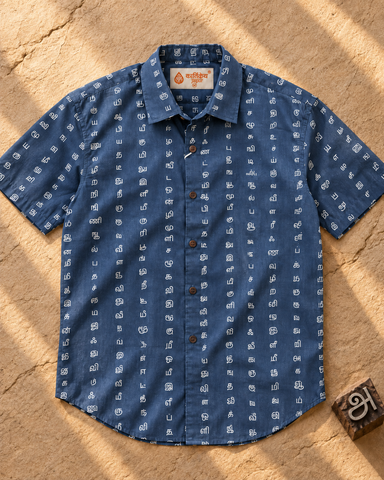 தமிழ் எழுத்து  Classic Tamil Half Sleeves Cotton Mens Shirt - Blue