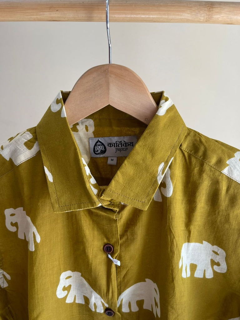 Mehendi Button Down Bold Elephant Print Cotton F/S Shirt for Women