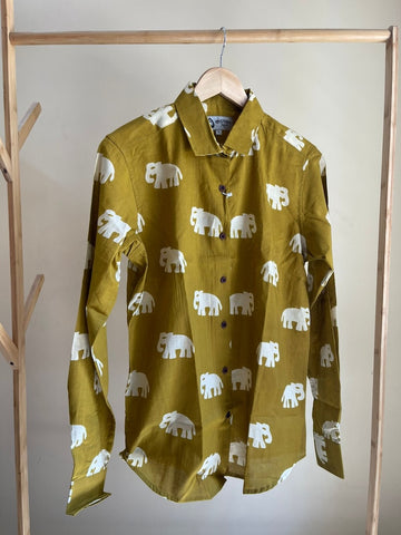 Mehendi Button Down Bold Elephant Print Cotton Shirt for Women