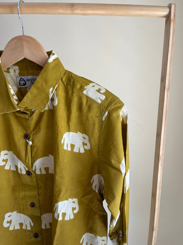 Mehendi Button Down Bold Elephant Print Cotton Shirt for Women