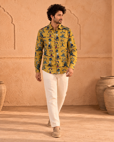 Yellow Button Down Abstract Cotton Shirt for Men - Limited Edition