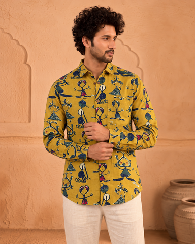 Yellow Button Down Abstract Cotton Shirt for Men - Limited Edition