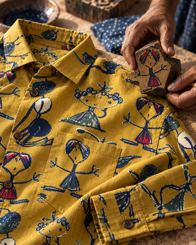 Yellow Button Down Abstract Cotton Shirt for Men - Limited Edition