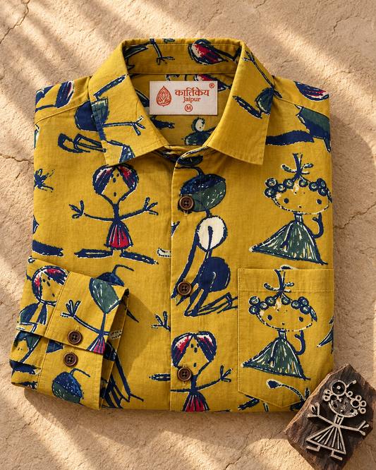 Yellow Button Down Abstract Cotton Shirt for Men - Limited Edition