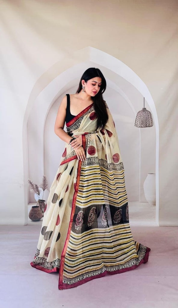 Kota Doria Bagru Printed Saree