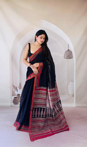 Kota Doria Bagru Printed Saree