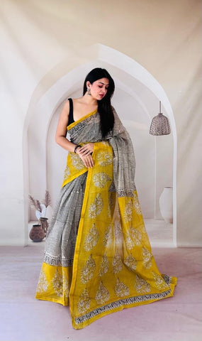 Kota Doria Bagru Printed Saree