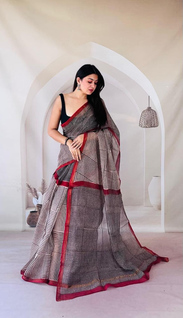 Kota Doria Bagru Printed Saree