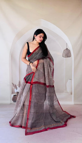 Kota Doria Bagru Printed Saree