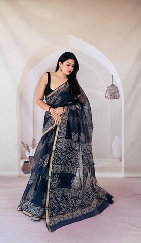 Kota Doria Bagru Printed Saree