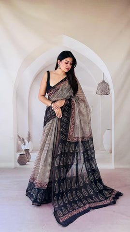 Kota Doria Bagru Printed Saree
