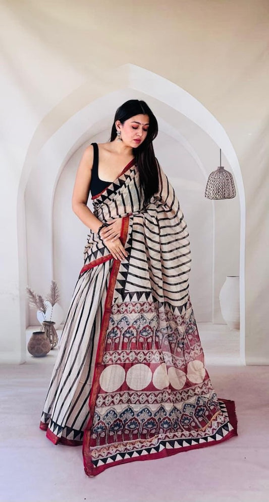 Kota Doria Bagru Printed Saree