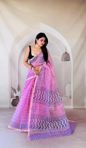 Kota Doria Bagru Printed Saree