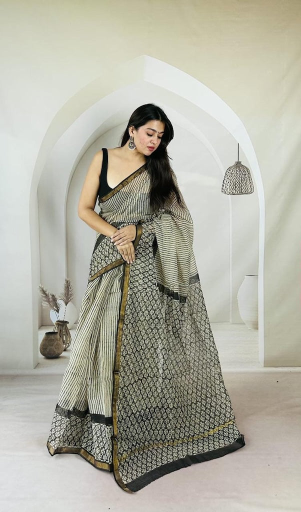 Kota Doria Bagru Printed Saree