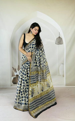 Kota Doria Bagru Printed Saree