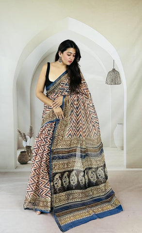 Kota Doria Bagru Printed Saree