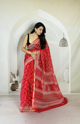 Kota Doria Bagru Printed Saree