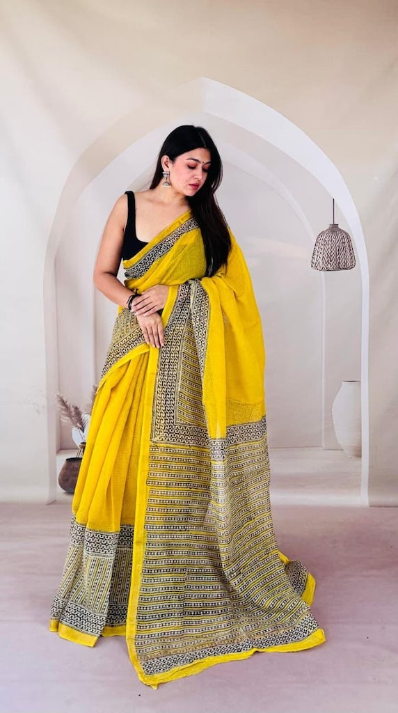 Kota Doria Bagru Printed Saree