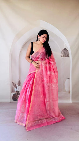 Kota Doria Bagru Printed Saree