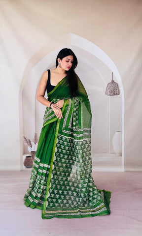 Kota Doria Bagru Printed Saree