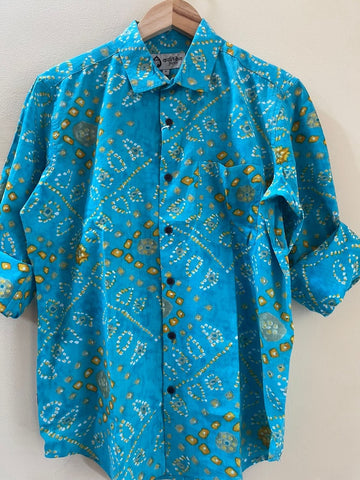 Traditional Turquoise Bandhani Print F/S Shirt for Men - Festive Edit