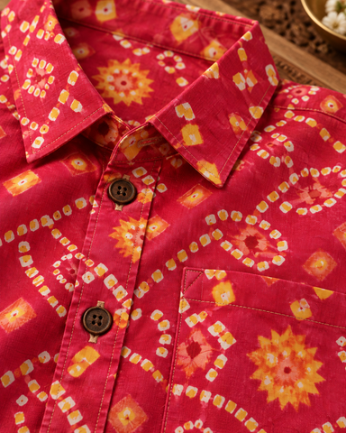 Cotton Half Sleeve Bandhej Print Shirt for Men Roka Ceremony - Magenta