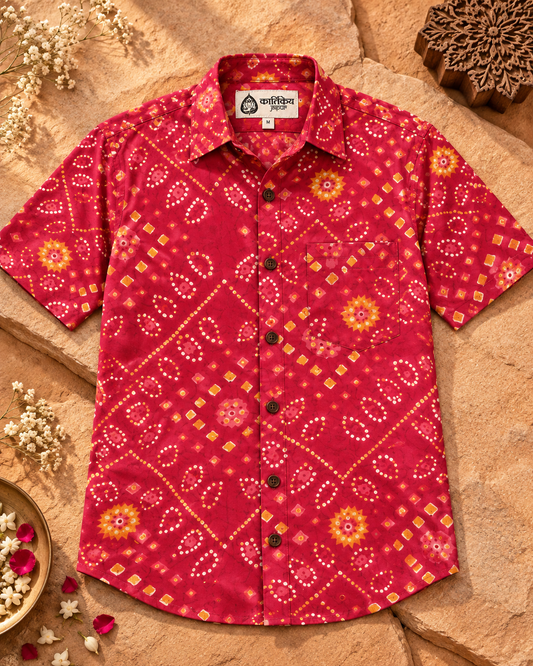 Cotton Half Sleeve Bandhej Print Shirt for Men Roka Ceremony - Magenta