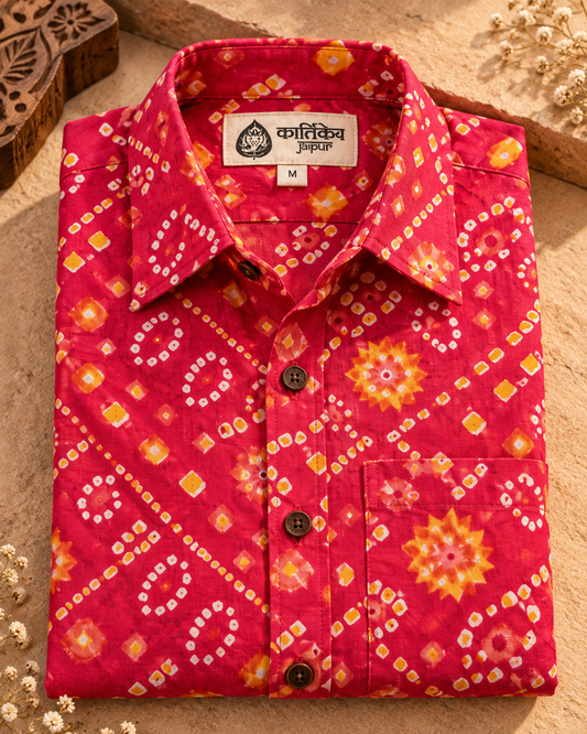 Cotton Half Sleeve Bandhej Print Shirt for Men Roka Ceremony - Magenta