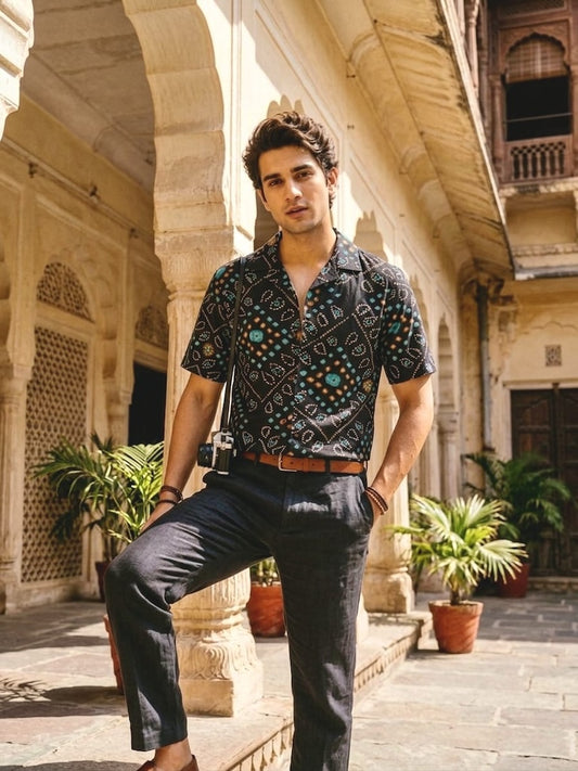 Classic Black Bandhani Print Cuban Collar Shirt for Men