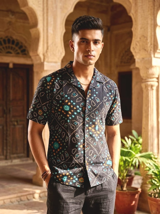 Classic Black Bandhani Print Cuban Collar Shirt for Men