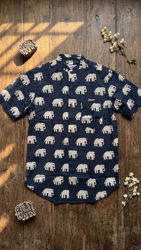 Classic Bold Elephant Half Sleeve Mandarin Collar Shirt - Black
