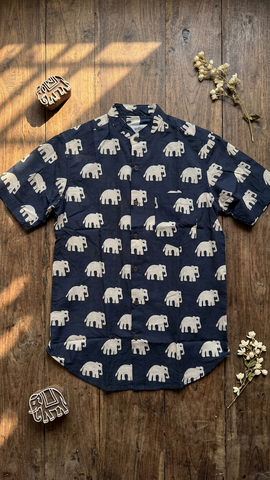 Classic Bold Elephant Half Sleeve Mandarin Collar Shirt - Black