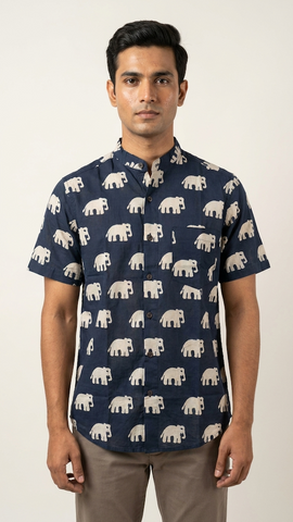 Classic Bold Elephant Half Sleeve Mandarin Collar Shirt - Black