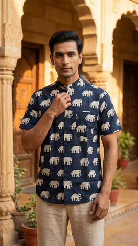 Classic Bold Elephant Half Sleeve Mandarin Collar Shirt - Black