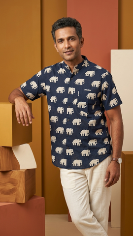 Classic Bold Elephant Half Sleeve Mandarin Collar Shirt - Black
