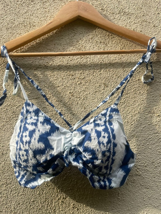 Indigo Print Cotton Padded Lace Bralette